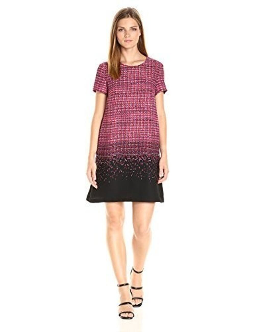 CeCe Ombre Tweed Shift Dress Pink Black Size 4 Short Sleeve Pockets